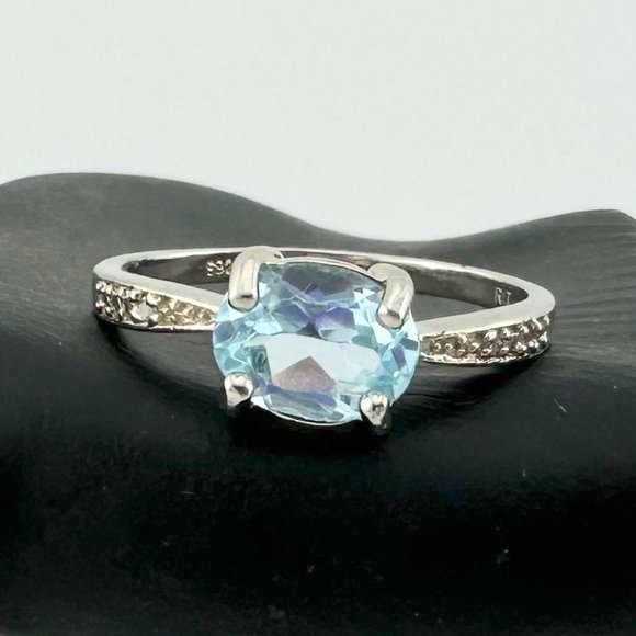 Shimmering Blue Topaz, Oval Cut with Diamond Accent Ring in Sterling Silver - Be - Picture 6 of 9